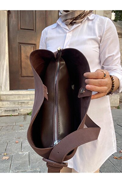 H&D COLLECTİON Bitter Brown Suede Belt Detailed Hand and Shoulder Bag