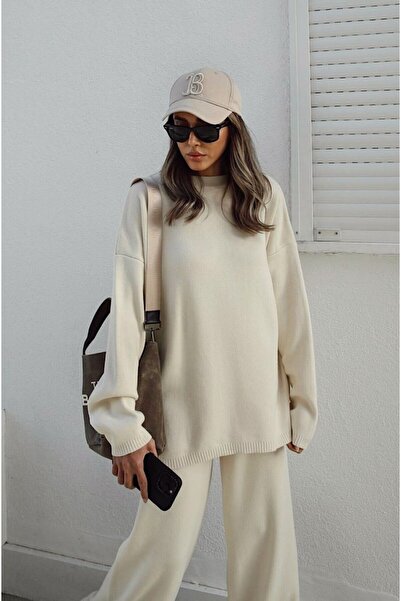 BRTC design Women's Crew Neck Elastic Waist Wide Leg Relax Knitwear Set