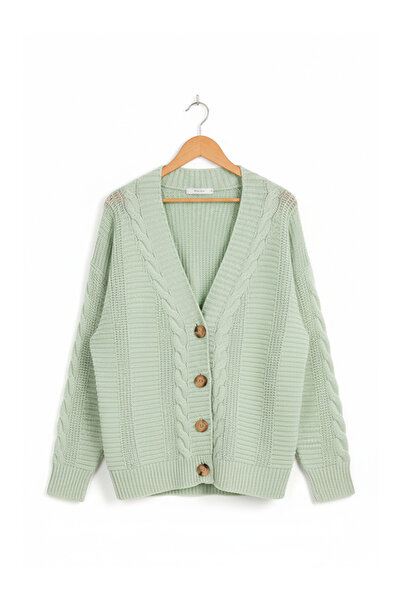 Namaste Vintage Water Green Color Knit Detailed Balloon Sleeve Knitwear Cardigan