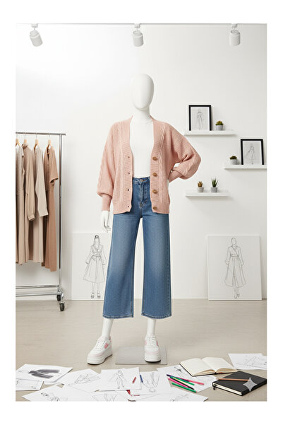 Namaste Vintage Light Pink Color Knit Detailed Balloon Sleeve Knitwear Cardigan