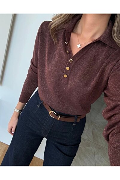 CADDELAMODA Long Sleeve Polo Neck Gold Buttoned Glitter Knitwear