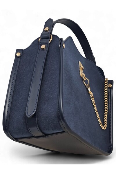 Evident Navy Blue Nubuck Chain Accessory Detailed Hand & Shoulder Women's Bag