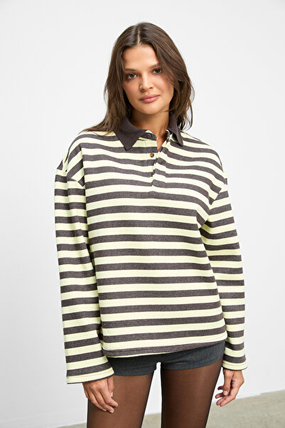 GRIMELANGE Muse Women's Striped Knitwear Polo Collar Regular Fit Yellow Sweatshirt