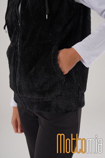 mottomia Black Hooded Welsoft Zippered Women's Plush Vest with Pockets, Warm Furry Winter Coat Look