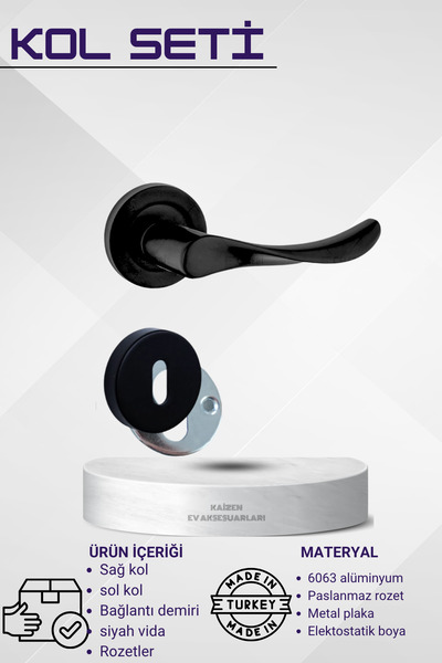 KAİZEN Oda Kapı Kolu - Yaprak Siyah Mat Paslanmaz Rozetli