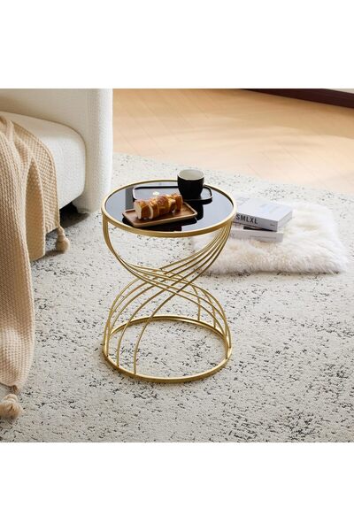 Generic Fulocseny Black Glass Round End Table Set of 2, 15.75in Gold Frame