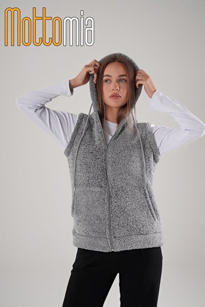 mottomia Light Gray Hooded Welsoft Zippered Women's Plush Vest with Pockets Warm Furry Winter Coat Look