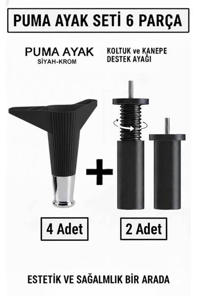 İMT AKSESUAR Puma 15 Cm Siyah-Krom 6'lı Set Robot Süpürge Uyumlu Mobilya Kane...