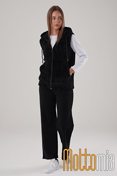 mottomia Black Hooded Welsoft Zippered Women's Plush Vest with Pockets, Warm Furry Winter Coat Look