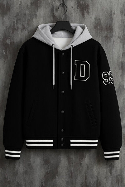 DAMGA JEANS Palton pentru colegiu din denim negru cu glugă supradimensionat p...