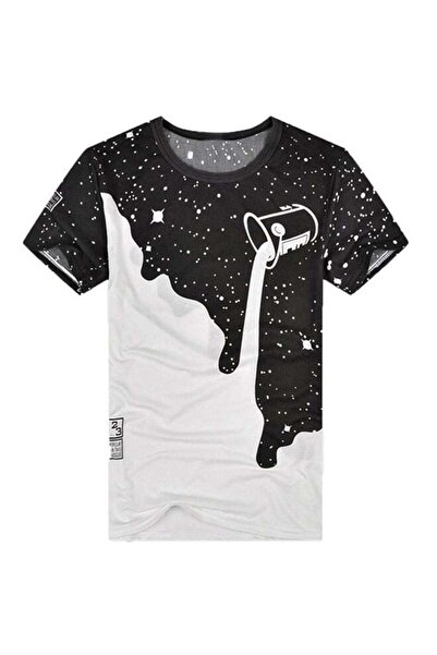 Generic 3D Poured Milk Starry Sky Printed T-Shirt Black/White