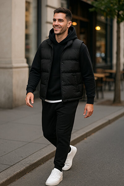 tetramoda Padded Inflatable Vest and Three Thread Compact Hooded Cotton Inside O Oversized Tracksuit Set 3-Piece Set