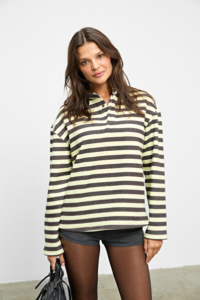 GRIMELANGE Muse Women's Striped Knitwear Polo Collar Regular Fit Yellow Sweatshirt