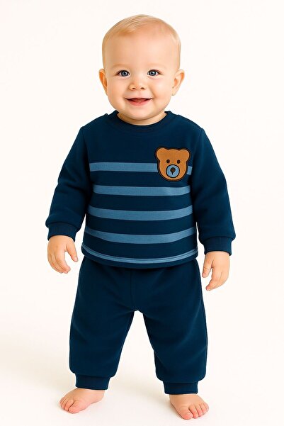 Oz Baby Striped Teddy Bear Printed Winter Unisex Fleece Baby Set Girl and Boy Baby Fleece 1-4 Years