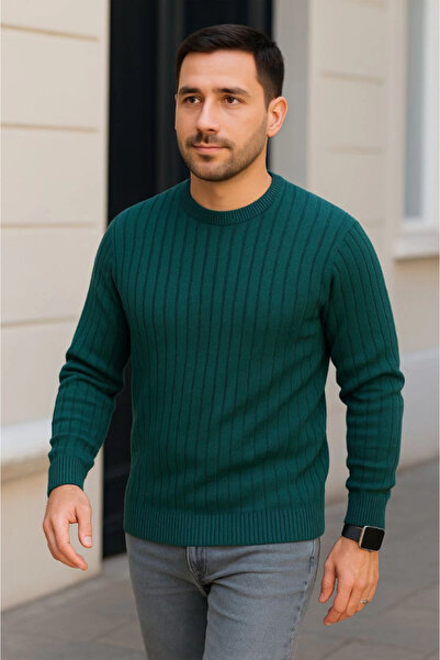 buğrahayalin Men's Cycling Round Neck Knitwear Sweater Cotton Thick Corded Fabric Woven, Regular Fit Long