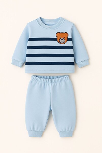 Oz Baby Striped Teddy Bear Printed Winter Unisex Fleece Baby Set Girl and Boy Baby Fleece 1-4 Years