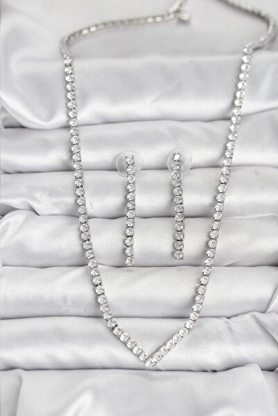 Epilons Bfs Silver Color Zircon Stone Women's Necklace Earring Set