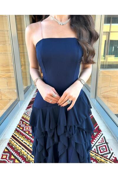 Nice Model Tiered Chiffon Evening Dress Navy Blue Strapless Maxi Gown Ruffle ...
