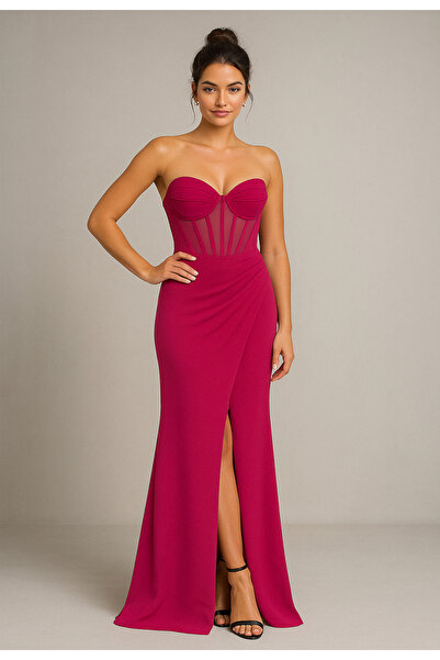 Stylize Couture Fuşya Krep Abiye Elbise