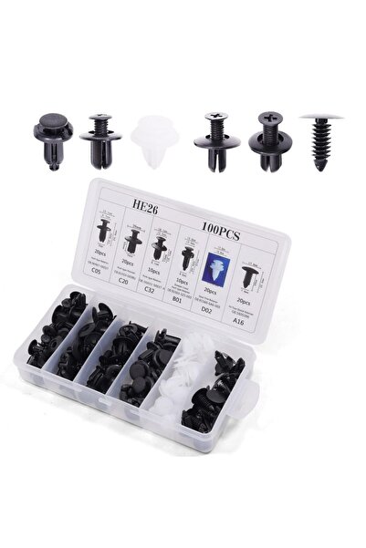 Generic 100-piece set of mounting clips, 6 sizes of hood and door trim fasteners with clip removal tool