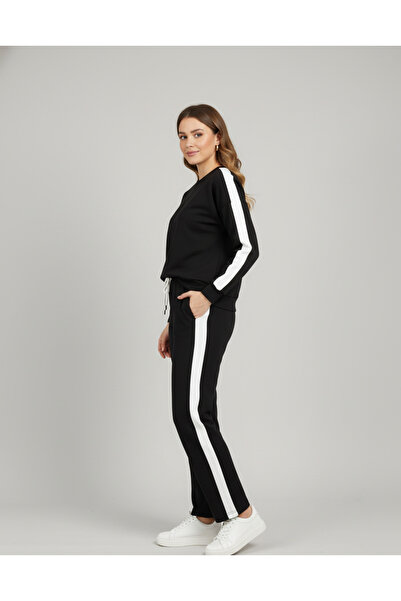 moda liberty Siyah-Beyaz Şerit Detaylı Eşofman Takımı