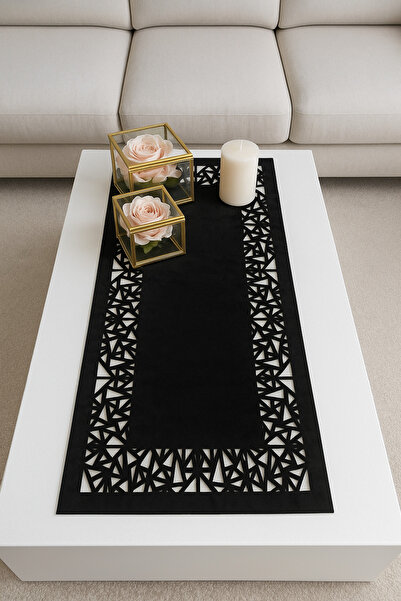 Ergüven Home Runner din țesătură din piele intoarsa cu model triunghi geometric negru 40x100 cm lungime masa de cafea