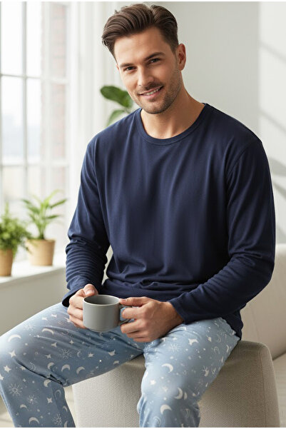 Siyah İnci Blue Moon Star Pattern Long Sleeve Cotton Knitted Pajamas Suit 7972