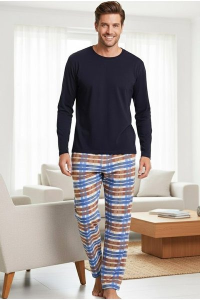 Siyah İnci Plaid Pattern Long Sleeve Cotton Knitted Pajamas Suit 7972