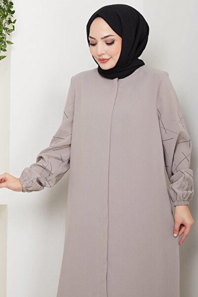 hafsamina Large Size Ferace Beige with Stone Sleeves Hm2801