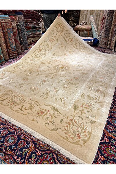 RD RAMAZAN DAĞ EL HALI SANATI El Dokuma İpekli Uşak Halısı Özel Dokuma Bej Re...