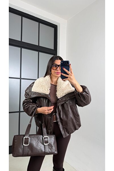 Gaus Bitter Brown Fur Collar Lined Zr Model Leather Coat Gaus-00698