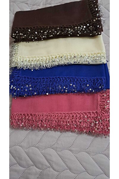 Cenk 1 ADET KAHVERENGİ Tığ Oyası Pullu Yazma 4 Kenar İşlemeli, İğne Oyası Eşarp