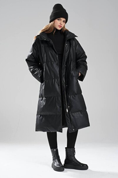 tw3 Women's Faux Leather Goose down Filled Design Long Coat