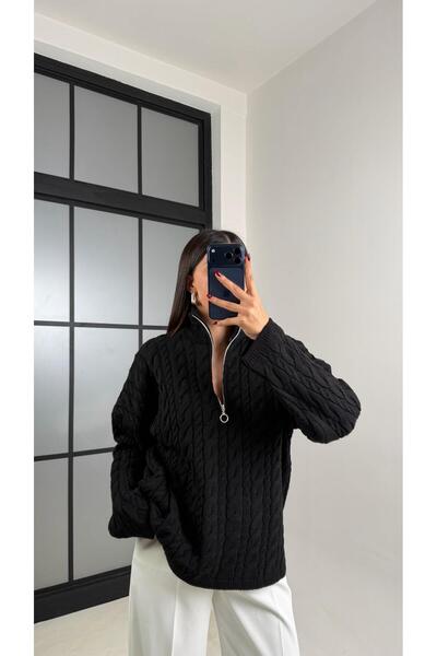 Gaus Siyah Fermuarlı Örgü Kazak GAUS-00213