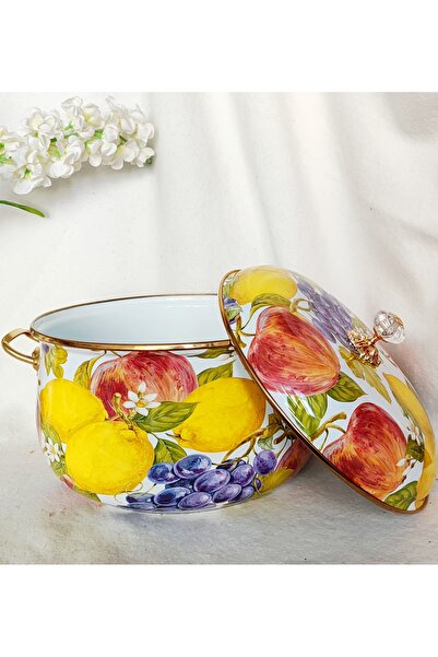 EBRULİEMAYE Fruit Decor Enamel Lux Pot Giant Size 8 Liters 28 cm Diameter Milk Yogurt Stew Sauce Pot