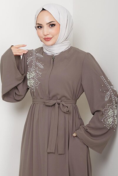 hafsamina Pearl Flower Motif Belted Ferace Light Brown Hm2720