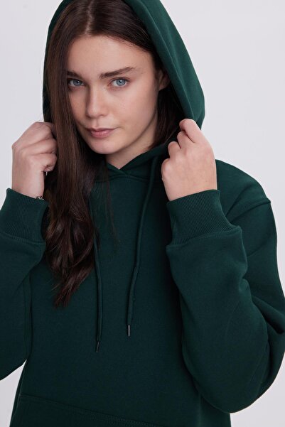 Tudors Kadın Relax Fit Rahat Kesim Pamuklu Kapüşonlu Kanguru Cepli Yeşil Sweatshirt