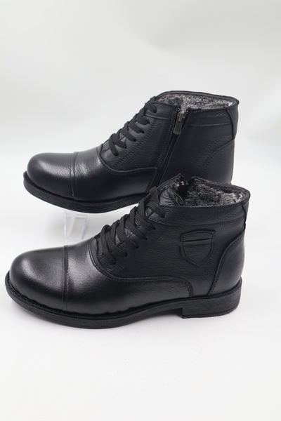 nazenintasarımlar Ανδρικές μπότες casual από γνήσιο δέρμα και γούνα σε μαύρο χρώμα