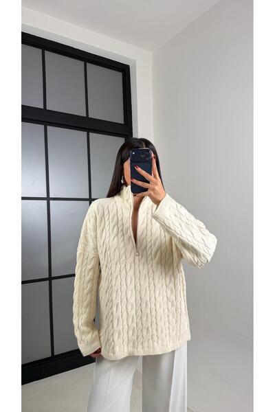 Gaus Ecru Zippered Knitted Sweater Gaus-00213