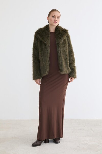 LEVURE معطف فروي بأكمام طويلة كاكي