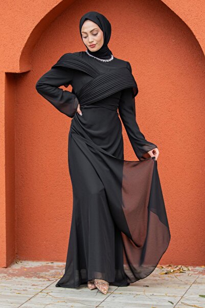 Tesettür Çarşım Pink Omuz Detaylı Drapeli Tesettür Abiye-Siyah