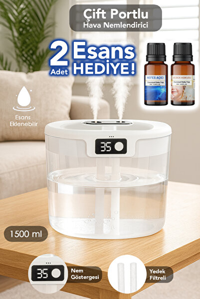 mimtec 1,5 Lt Çift Sprey Hava Nemlendirici - Işıklı Buhar Makinesi Aroma Difüzörü 2 Adet Esans Hediye