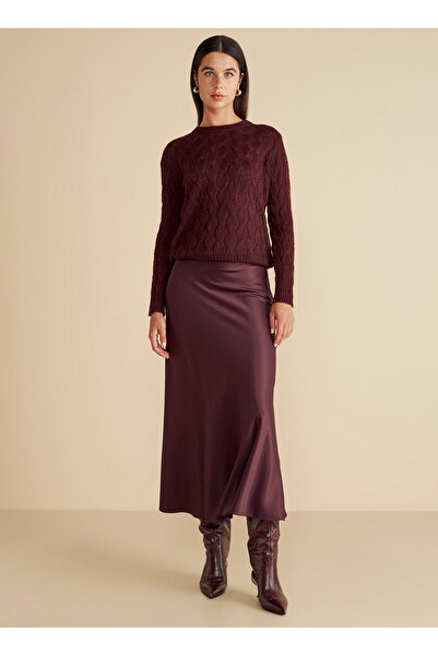 BROOKS BROTHERS Normal Bel Bordo Kadın Midi Etek Midi Boy Saten Etek