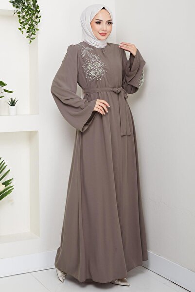 hafsamina Pearl Flower Motif Belted Ferace Light Brown Hm2720