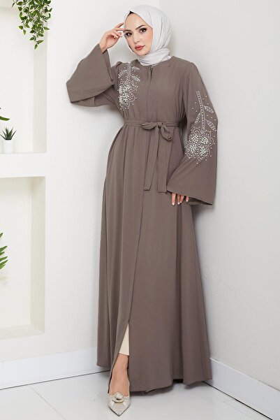 hafsamina Pearl Flower Motif Belted Ferace Light Brown Hm2720