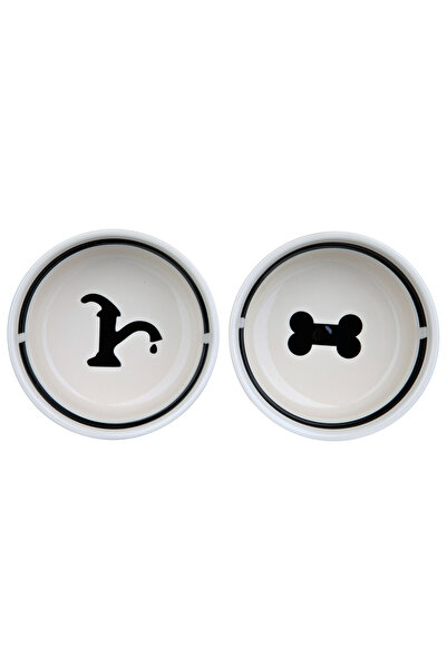 Trixie Set de 2 boluri ceramice cu suport metalic, 2x0,25 L, alb/negru