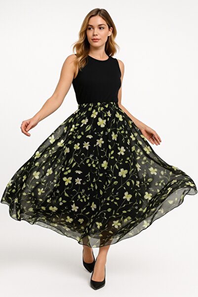 Şans Women's Plus Size Black, Elastic Waist, Floral Print Chiffon Lined Long Skirt 65N39236