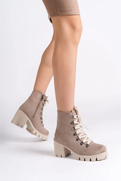 Joy Ayakkabı Emma Lace-Up Zippered Orthopedic Sole Heeled Suede Women's Boots...