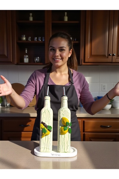 Mes Reves 500 ml Handmade Lemon and Grape Patterned Set of 2 Glass Oil and Sauce Bowls – Decorative Design Kitchen