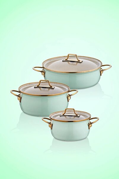 Bonera Emy2402 Emaye Vintage Casserole 6 Piece Pot Set - Water Green